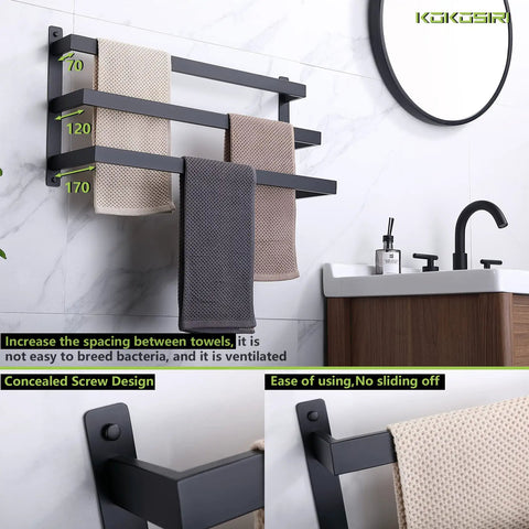 Matte Black 3 Tier Ladder Towel Rack Wall Mount Bath Bar Top Notch SUS 304 Stainless Steel Rustproof Towel Shelf displayed in bathroom