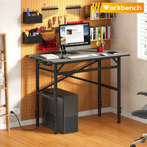Space Saving 1000 Pound Metal Work Bench For Garage With 38.58 Inch Adjustable Height Table And Built In Power Strip