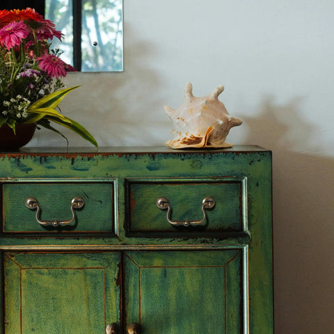 Antique Brass Drop Bail Drawer Pulls 4 Pack With 4 Inch Hole Center on green vintage cabinet with seashell and flowers