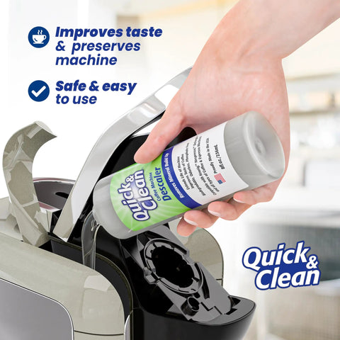 Ultra Effective All In One Universal Descaler For Keurig Nespresso Ninja Delonghi And More Two Pack With Four Uses Per Bottle Made In USA Safe For Your Coffee And Espresso Machines being poured into a coffee maker