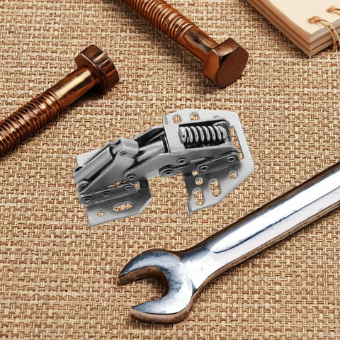 Heavy Duty RV Cabinet Door Hinge With Hydraulic Soft Close, steel, on textured background with tools, close-up view