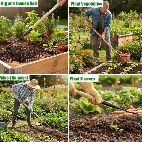 Hollow Hoe Garden Tool With 55 Inch Steel Handle For Weeding And Planting Sharp Edge Weed Puller used in garden tasks.