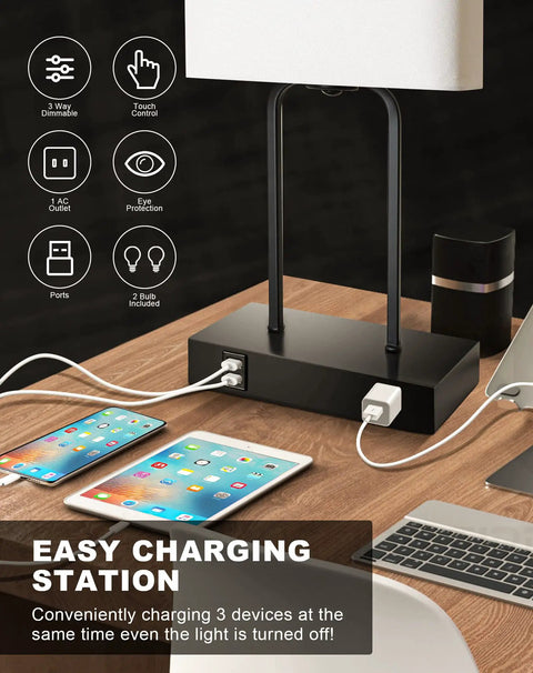 Two Pack Bedside Table Lamps With USB Ports And AC Outlet, 20 Inch Touch Control, 3 Way Dimmable Modern Nightstand Lights
