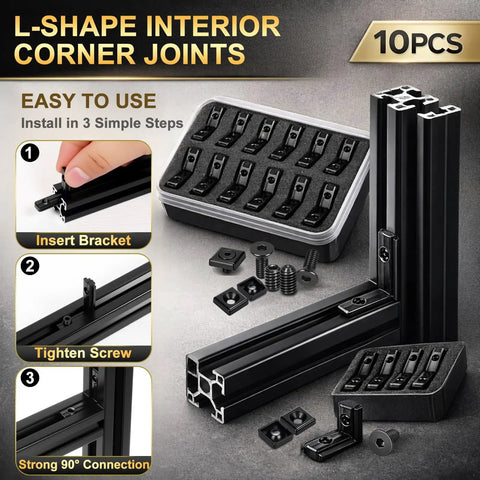 Heavy Duty 2020 Aluminum Extrusion Hardware Kit with 3 Way End Corner Brackets and L Shape Interior Corner Joints