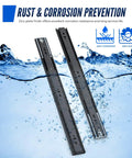 10 Pairs Soft Close Heavy Duty Drawer Slides 22 Inch Full Extension Ball Bearing Side Mount 500 Lb Capacity Black Quiet Smooth Glide For Dresser Drawers And Cabinet Upgrades shown on a water background with rust prevention text.