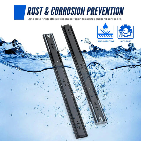 10 Pairs Soft Close Heavy Duty Drawer Slides 22 Inch Full Extension Ball Bearing Side Mount 500 Lb Capacity Black Quiet Smooth Glide For Dresser Drawers And Cabinet Upgrades shown on a water background with rust prevention text.