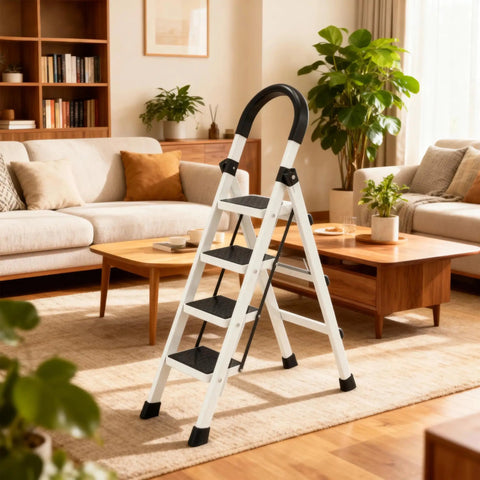 Four Step Folding Ladder For Home Office Kitchen And Garage, Portable And Space Saving Stool With Anti Slip Feet, Easy Storage, Sturdy Durable Construction, Compact Multi Use Step Ladder For Every Room in living room