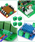 20 Pack 5mm 2 Pin Screw Terminal Block Connectors for PCB mounting and cable wiring, showing various installation examples.