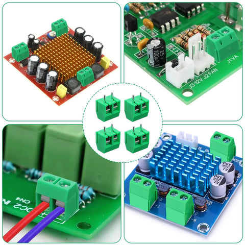 20 Pack 5mm 2 Pin Screw Terminal Block Connectors for PCB mounting and cable wiring, showing various installation examples.