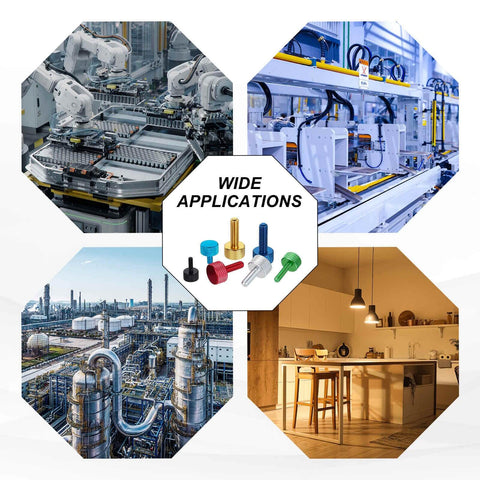 Four images showing machines, industrial plant, and kitchen with various knurled thumb screws for wide applications.
