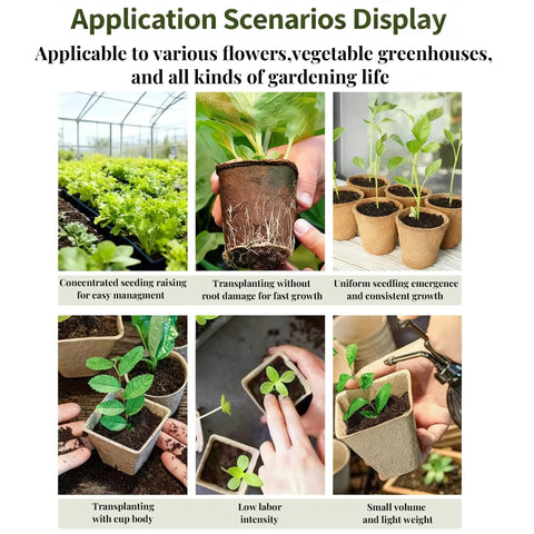 Collage showcasing uses for 40 Pcs 3.15 Inch Biodegradable Peat Pots For Seedlings And Seed Starters With Drainage Holes in gardening