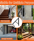 Straight Up Premium Wrought Iron Handrail For One Or Two Steps With Dead Simple Wall Mount Stair Grip Lever Featuring Knockout Strength And Slick Leaf Design For Outdoor Porch Step Support Daily, showing various installation options including stair, porch, garage, and pavilion handrails.