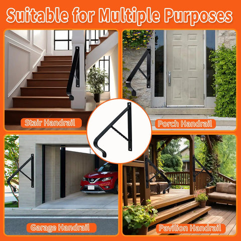 Straight Up Premium Wrought Iron Handrail For One Or Two Steps With Dead Simple Wall Mount Stair Grip Lever Featuring Knockout Strength And Slick Leaf Design For Outdoor Porch Step Support Daily, showing various installation options including stair, porch, garage, and pavilion handrails.