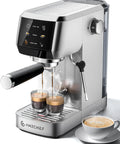 Quick Fix 20 Bar Espresso Machine With Rapid Milk Frother And Hit The Spot Temp Dials Compact Stainless Steel Coffee Maker brewing espresso.