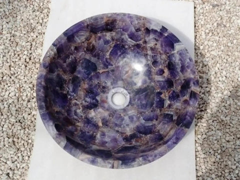 Kick Up Your Modern Bathroom Vibes With This Sleek Amethyst Countertop Sink Featuring A Handmade Stone Vessel Wash Basin That Offers A Smooth Nonporous Glaze For Everyday Use And Major Style Points, 24 inch round design.