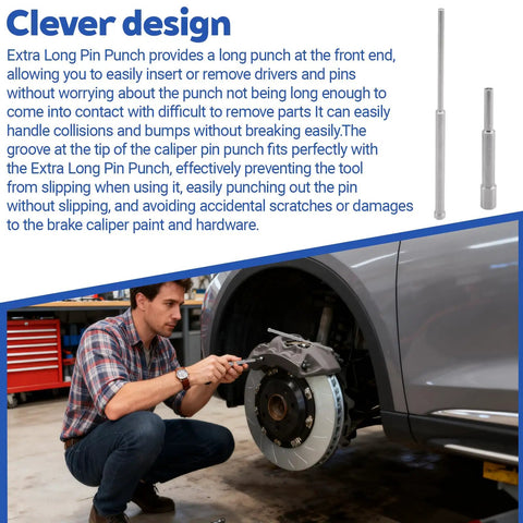 Person using Steel Pin Punch Set with 3/16 inch extra long pin punch on a car brake system for precision work.