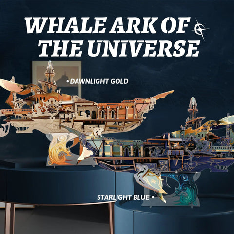 DIY Book Nook Kit With LED Lights 3D Wooden Dollhouse Puzzle For Adults Blue Bookend Decor For Bookshelf Dope Gift For Birthday Christmas Family And Friends, featuring wooden whale ark models in dawnlight gold and starlight blue.