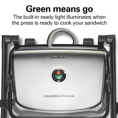 Hamilton Beach Panini Press And Sandwich Maker With Electric Indoor Grill showing green light indicator for cooking readiness.
