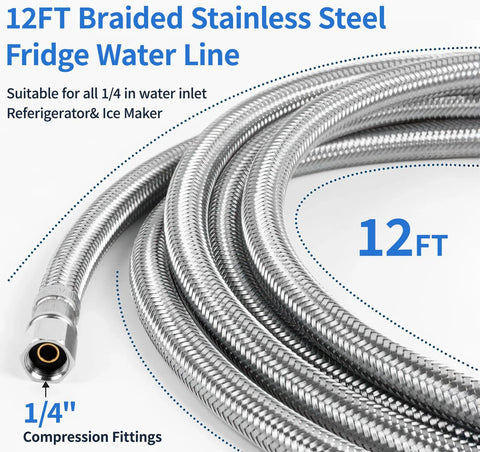 Coiled 12 ft braided stainless steel refrigerator water line with 1/4 in compression fittings