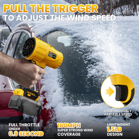 Person using Cordless 20V Max Leaf Blower With 40000 RPM Brushless Motor 180 MPH to remove snow from car windshield