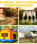 Collage of holiday and party decorations: Christmas snowman, wedding arch, colorful bounce house, and event tents outdoors.