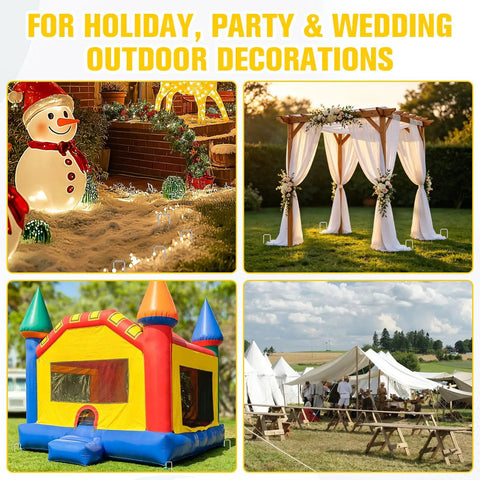 Collage of holiday and party decorations: Christmas snowman, wedding arch, colorful bounce house, and event tents outdoors.