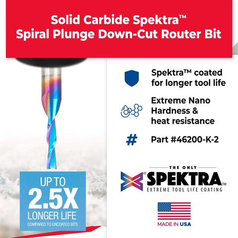 Spektra Extreme Tool Life Coated Spiral Down Cut Router Bits One Eighth Inch Diameter One Half Inch Cutting Height
