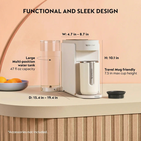 Vertuo Up All In One Coffee And Espresso Maker In White By DeLonghi With Six Brew Sizes From 5, 8, 12 And 18 Ounces Plus Single And Double Espressos, Built In Iced Coffee Mode, And A Large 47 Ounce Water Tank For Easy Daily Brews on a counter.