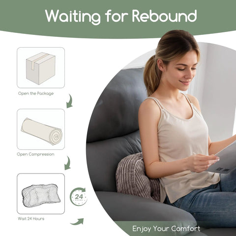 Lumbar Support Pillow For Your Recliner Accent Chair Couch Or Office Chair With Tufted Corduroy Back Cushion beside a woman.