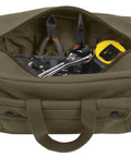 Rugged Heavy Duty Mechanic Tool Bag For Ultimate Gear Organization With Eight Interior Tool Pockets And Two Exterior Snap Pockets Olive Drab Canvas For Contractors And DIY Enthusiasts, open view showing tools inside.