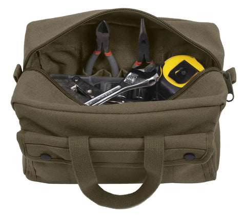 Rugged Heavy Duty Mechanic Tool Bag For Ultimate Gear Organization With Eight Interior Tool Pockets And Two Exterior Snap Pockets Olive Drab Canvas For Contractors And DIY Enthusiasts, open view showing tools inside.