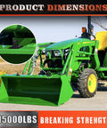 Heavy Duty Grade 70 3/8 Inch Bolt On Tractor Bucket Grab Hook With Backer Plate shown on tractor, 15,000 lbs capacity.