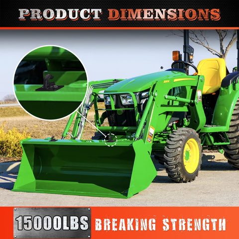 Heavy Duty Grade 70 3/8 Inch Bolt On Tractor Bucket Grab Hook With Backer Plate shown on tractor, 15,000 lbs capacity.