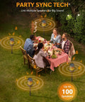 Outdoor Bluetooth Speaker Set With Flame Ambience LEDs Waterproof IPX6 Bluetooth 5.3 Auto Pairing Multi Sync Up To 100 Speakers 10W 3D Surround Sound Portable Party Speaker For Patio Deck Porch Backyard RV The Kickass Gift For Him around outdoor dinner table.