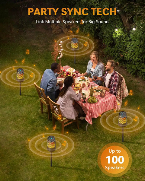 Outdoor Bluetooth Speaker Set With Flame Ambience LEDs Waterproof IPX6 Bluetooth 5.3 Auto Pairing Multi Sync Up To 100 Speakers 10W 3D Surround Sound Portable Party Speaker For Patio Deck Porch Backyard RV The Kickass Gift For Him around outdoor dinner table.