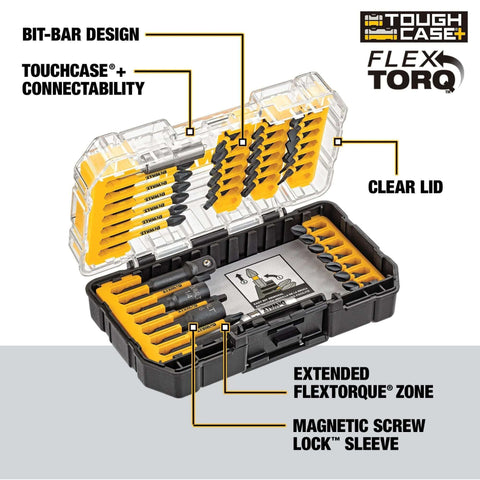 DEWALT 40-piece impact-ready screwdriver bit set in clear-lid storage case with yellow bits