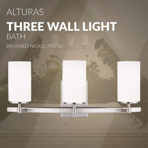 Alturas Three Light Wall And Bath Vanity Light In Brushed Nickel Finish For Modern Bathrooms, 300 Total Watts, 9.125 Inch Height, 22 Inch Wide, Steel Construction, Slick Vanity Lighting Fixture For Hallways And Powder Rooms