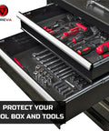 Heavy Duty Tool Box Drawer Liner 18 Inch Wide 24 Ft Long Non Slip Rubber Mat For Rolling Tool Chests Cabinets And Workbenches Protect Tools From Scratches Oil Spills Dings And Dents Durable Rubber Surface installed in tool drawer with tools visible