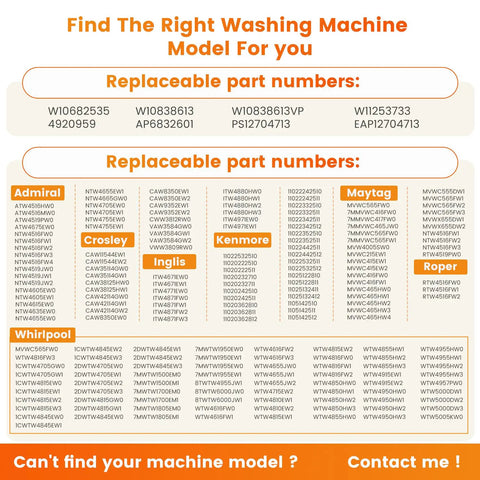 Find washing machine model compatibility chart with replaceable part numbers for Whirlpool, Maytag, Roper, and more.