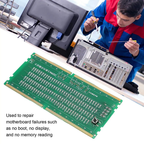 Technician using DDR4 Memory Diagnostic Tool For Desktop PCs With LED Indicator No Fuss Memory Troubleshooter Built Tough PCB