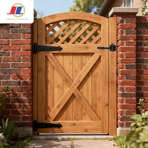 Lock It Tight Gravity Gate Latch Self Securing Black Fence Hardware For Garden Gates Pet Barriers Shed Doors Low Profile Setup And Rock Solid Yard Security on a wooden garden gate.