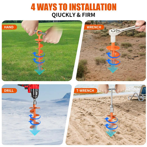 Beefy Heavy Duty Ground Anchor Screws In 4 Pack With Nuts And Tool Spiral Trampoline Anchors showing four installation methods.