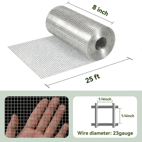 Hardware Cloth 8 Inch Wide 25 Ft Galvanized Wire Mesh One Quarter Inch Openings, shown in a roll and detail views