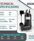 Technical specifications of Heavy Duty Cast Iron Submersible Sump Pump 1/2 HP 3600 GPH with vertical float switch and 1 1/2 inch NPT discharge.