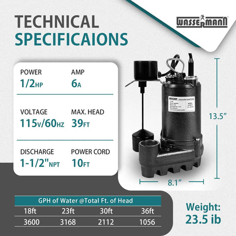 Technical specifications of Heavy Duty Cast Iron Submersible Sump Pump 1/2 HP 3600 GPH with vertical float switch and 1 1/2 inch NPT discharge.