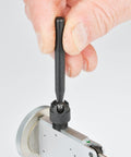 Universal indicator holder with swivel and 0.25 in shank; silver metal body with knurled adjustment knob, side view