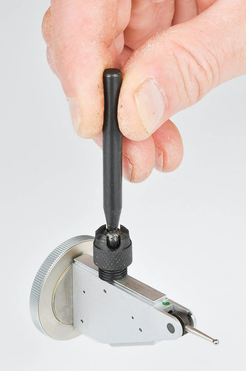 Universal indicator holder with swivel and 0.25 in shank; silver metal body with knurled adjustment knob, side view
