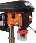 Close-up of 12 Inch Benchtop Drill Press With Digital Readout And Variable Speed, showing control panel and laser guide.