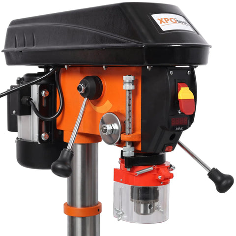 Close-up of 12 Inch Benchtop Drill Press With Digital Readout And Variable Speed, showing control panel and laser guide.