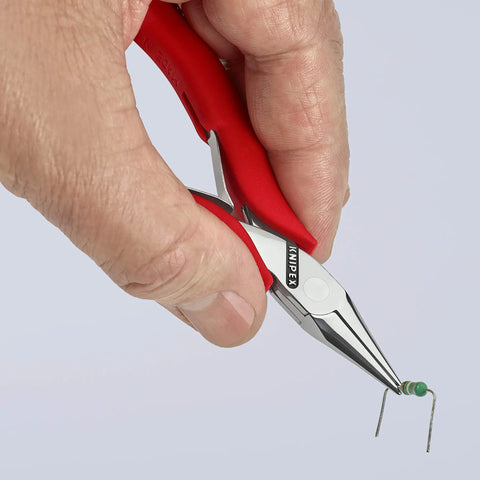 Close-up of a hand using Six Function Precision Electronics Pliers For Wiring And Cable Work Do It All Tool with red handle.